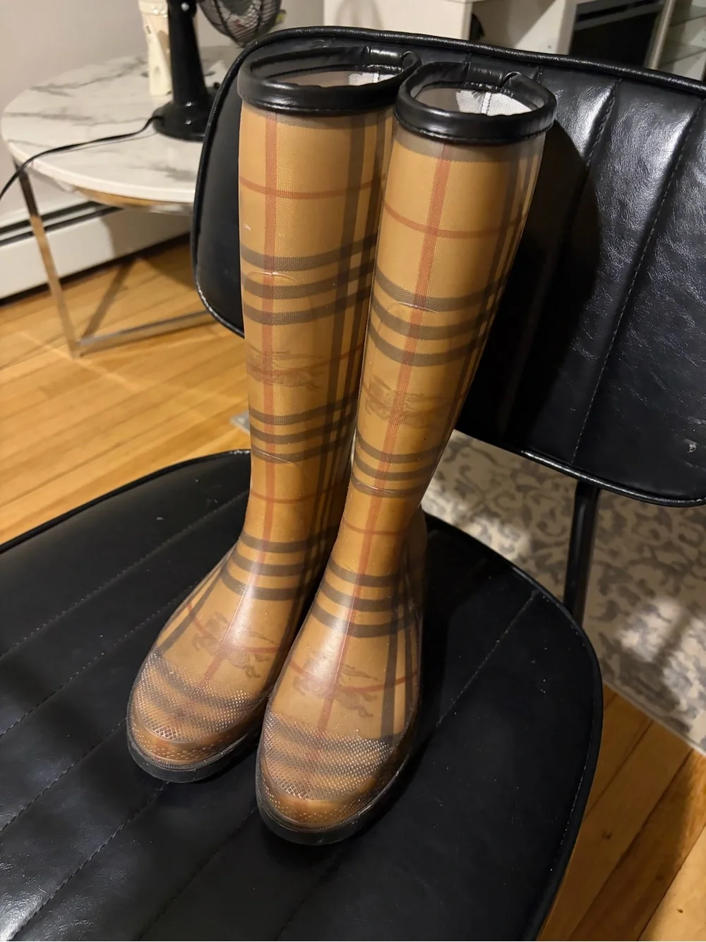 Burberry Tan Plaid Logo Rain Boots